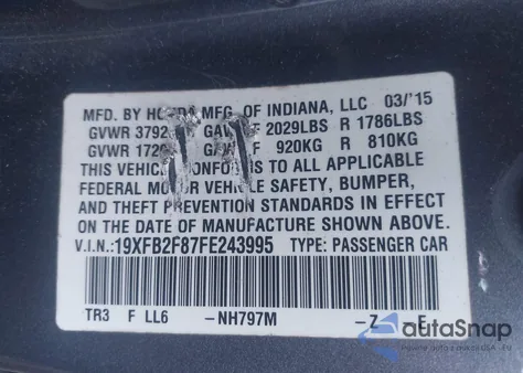 2015 Honda Civic Ex из США, поврежденный, VIN 19XFB2F87FE243995